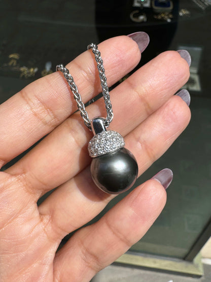 Black Tahitian Pearl and Diamond 18 Carat White Gold Pendant and Wheat Chain
