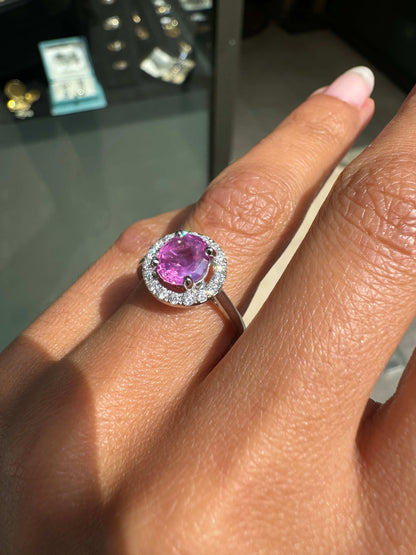 1.54ct Pink Sapphire and Diamond Halo 18K White Gold Cluster Engagement Ring