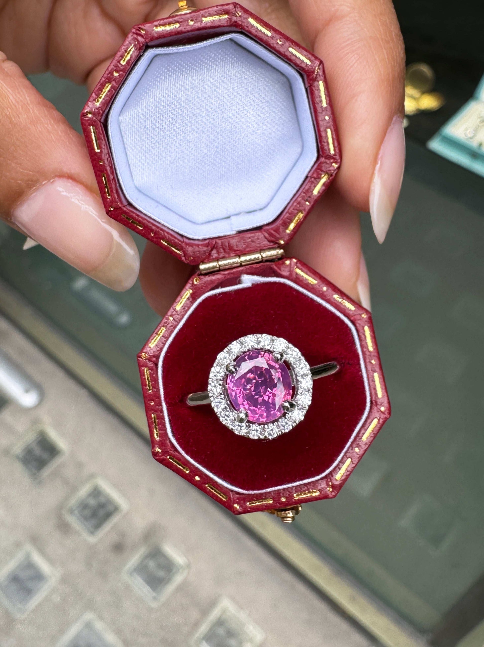 1.54ct Pink Sapphire and Diamond Halo 18K White Gold Cluster Engagement Ring