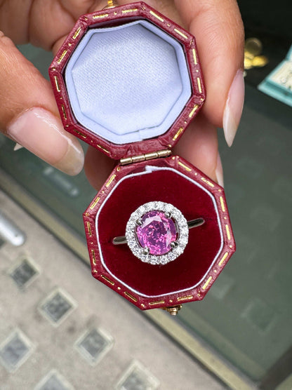 1.54ct Pink Sapphire and Diamond Halo 18K White Gold Cluster Engagement Ring