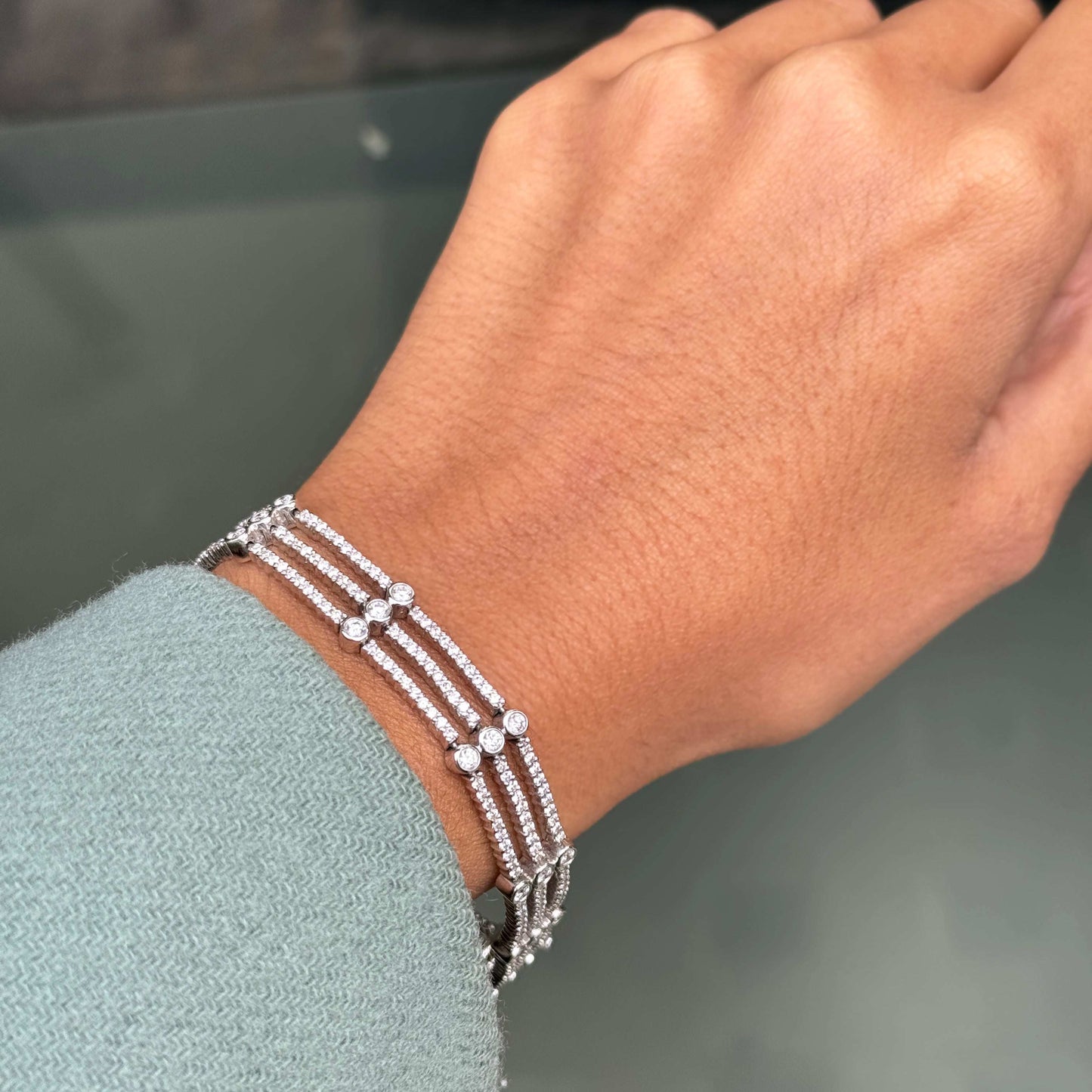 18 Carat White Gold Three Row Diamond Bracelet