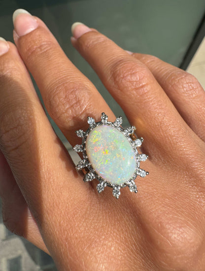 Vintage Oval Opal and Diamond 18 Carat Yellow and White Gold Cluster Dress Ring