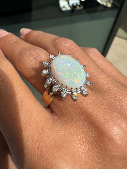 Vintage Oval Opal and Diamond 18 Carat Yellow and White Gold Cluster Dress Ring