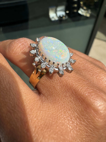 Vintage Oval Opal and Diamond 18 Carat Yellow and White Gold Cluster Dress Ring
