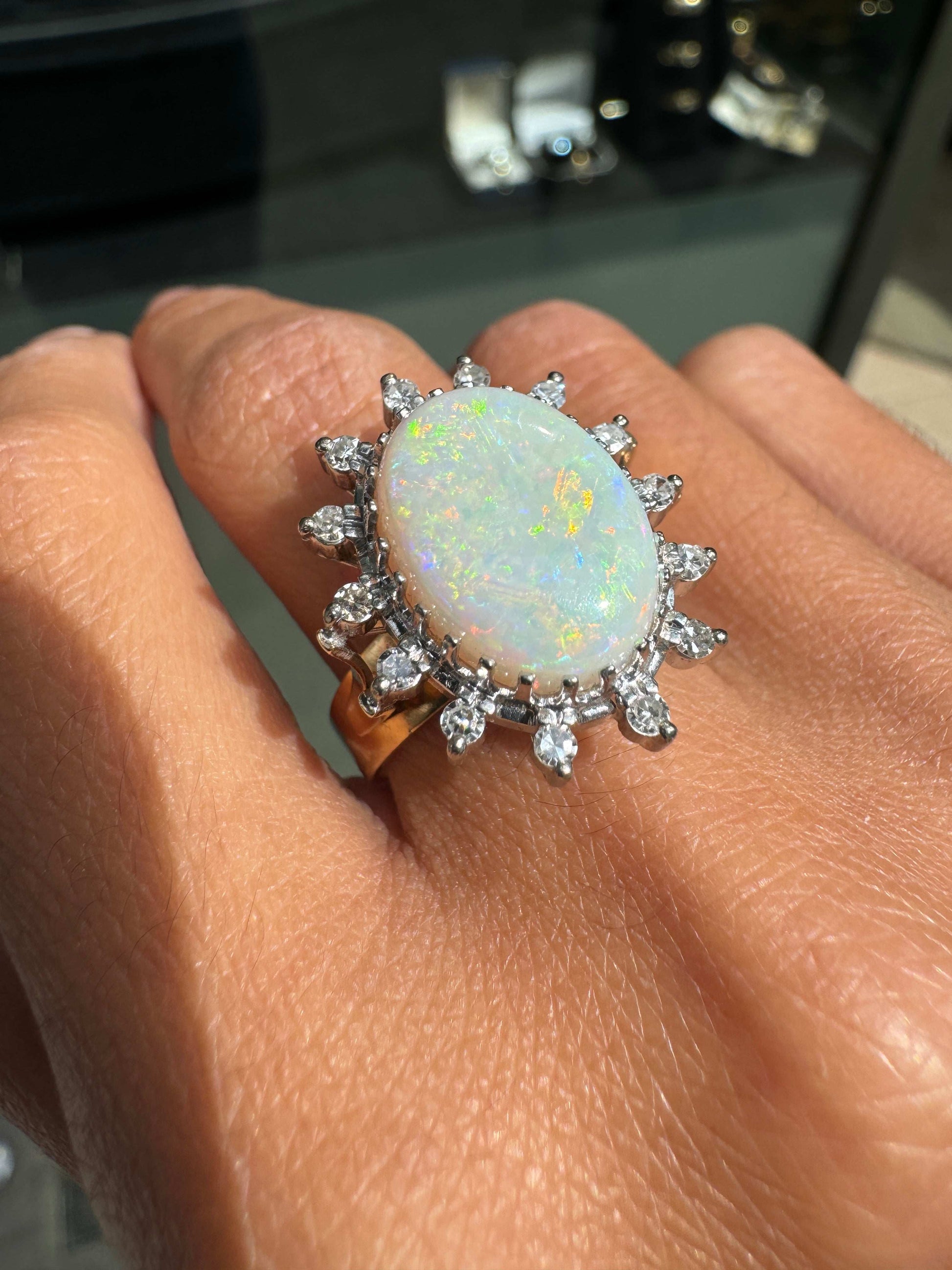 Vintage Oval Opal and Diamond 18 Carat Yellow and White Gold Cluster Dress Ring
