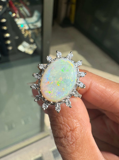 Vintage Oval Opal and Diamond 18 Carat Yellow and White Gold Cluster Dress Ring