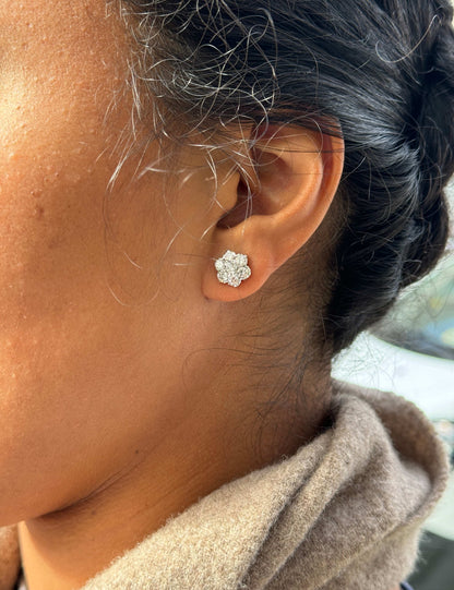 18 Carat Yellow and White Gold Diamond Floral Cluster Stud Earrings