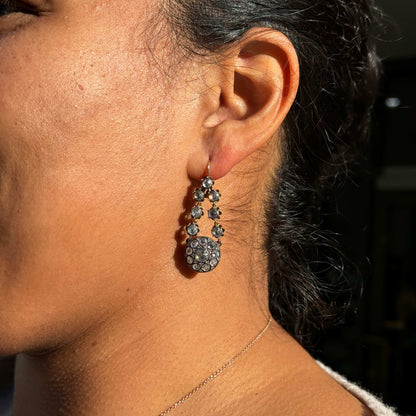 Diamond Cluster Silver on 14 Carat Gold Victorian Style Drop Earrings