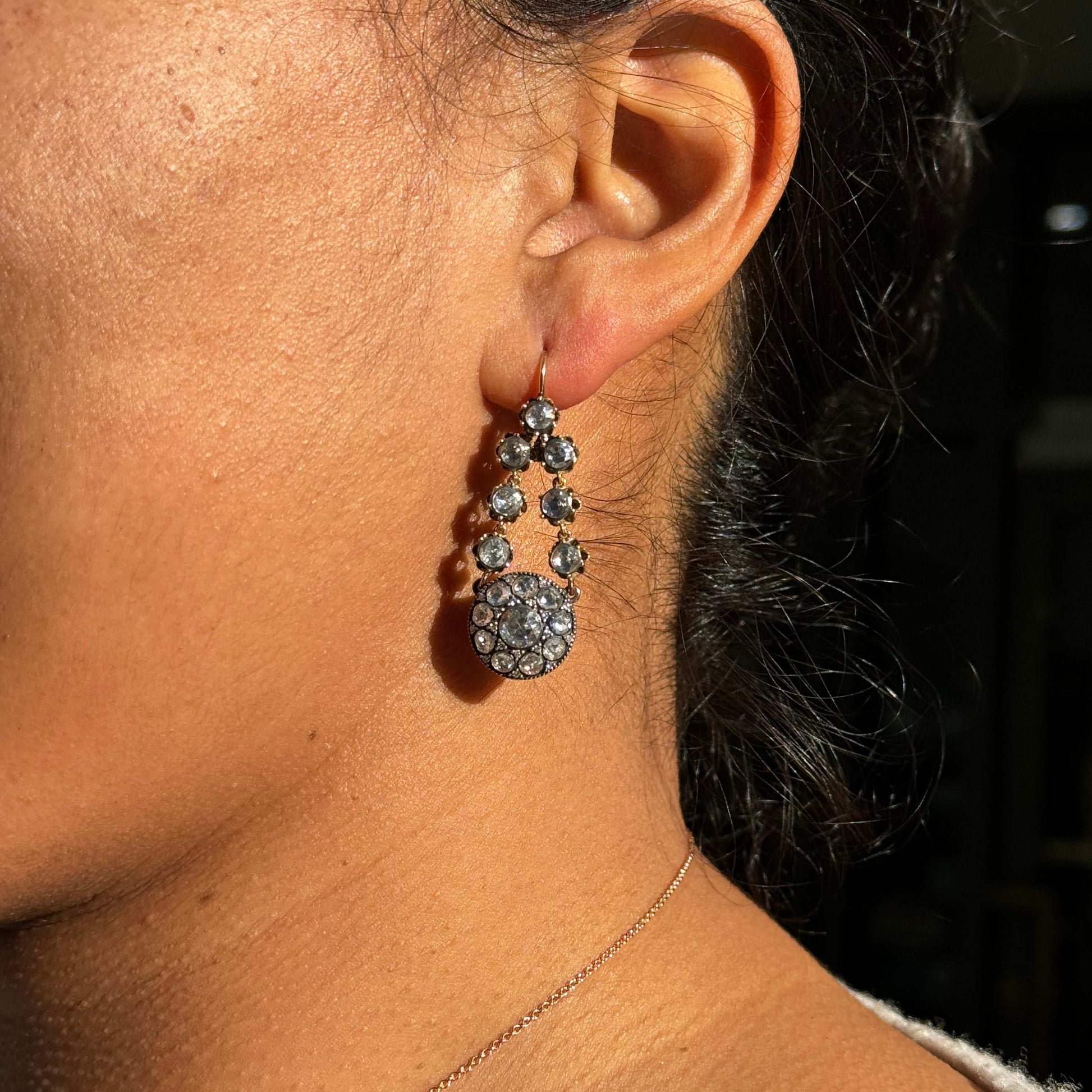 Diamond Cluster Silver on 14 Carat Gold Victorian Style Drop Earrings