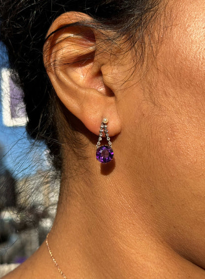 individual antique amethyst and diamond pearl drop earring