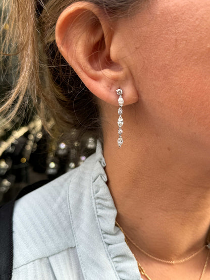 Marquise Cut and Brilliant Cut Diamond 18 Carat White Gold Dangle Drop Earrings