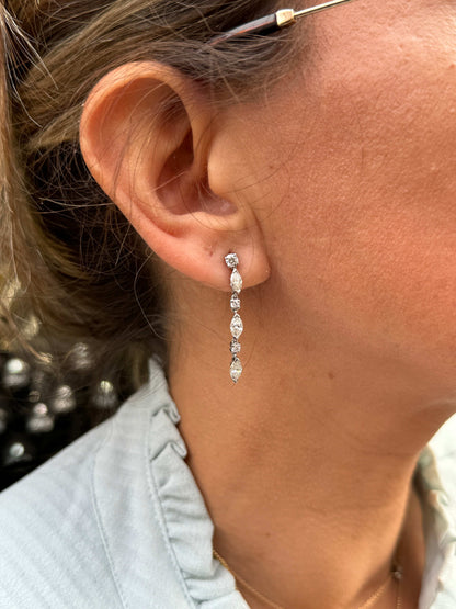 Marquise Cut and Brilliant Cut Diamond 18 Carat White Gold Dangle Drop Earrings