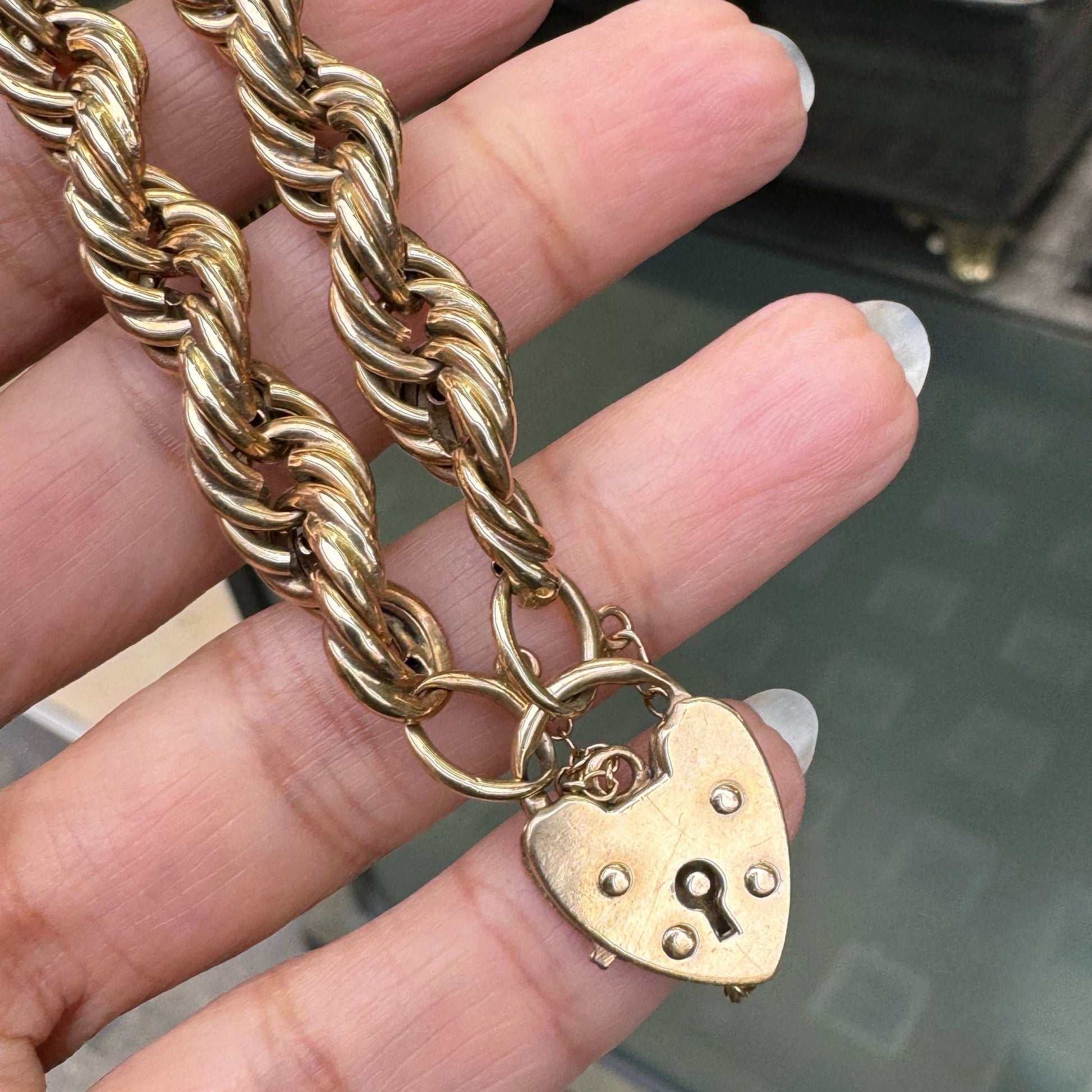 Vintage 9 Carat Yellow Gold Fancy Twist Link Bracelet with Heart Padlock, 1977