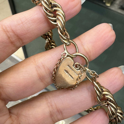 Vintage 9 Carat Yellow Gold Fancy Twist Link Bracelet with Heart Padlock, 1977