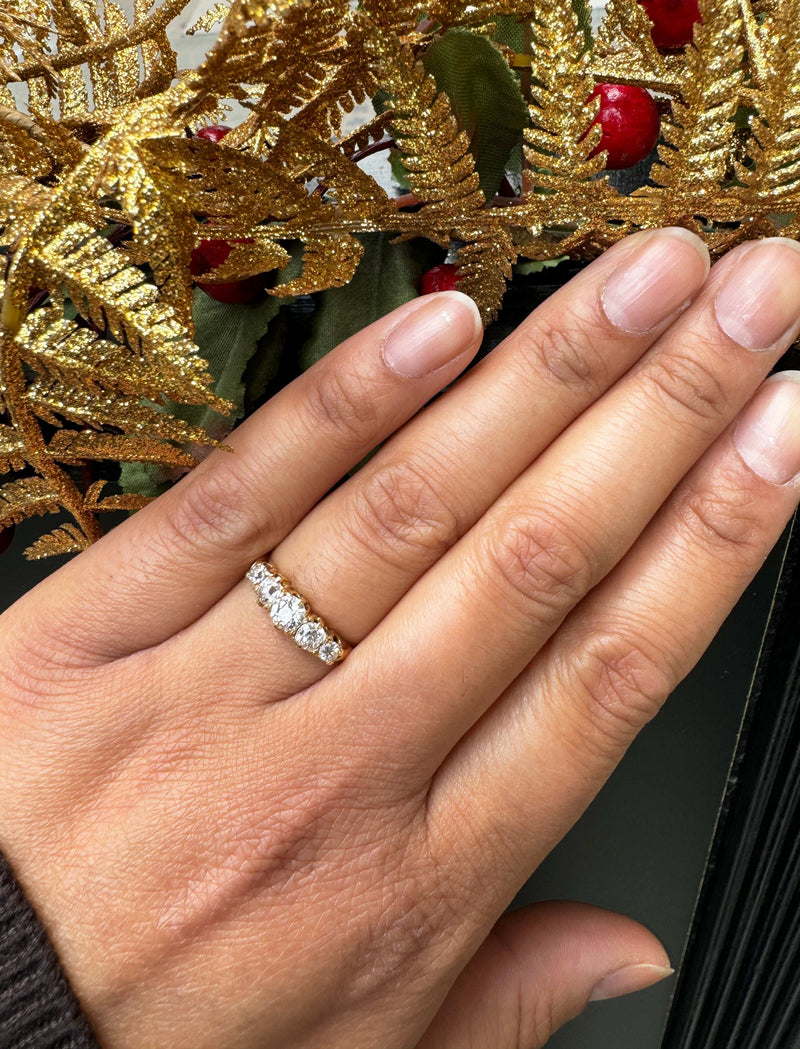 lady wearing Five Stone Old Cut Diamond Ring in 18 Carat Yellow Gold