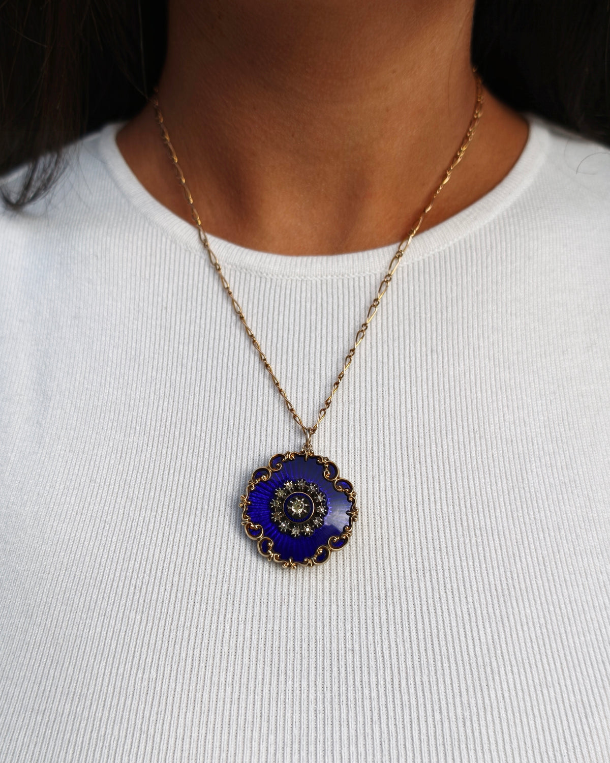 Blue Guilloché Enamel & Old Cut Diamond 15K Yellow Gold Brooch/Pendant, c.1880s