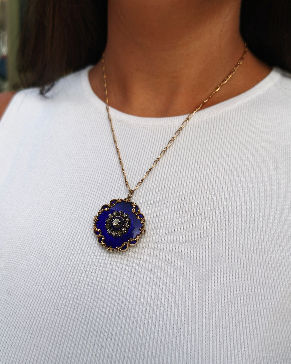 Blue Guilloché Enamel & Old Cut Diamond 15K Yellow Gold Brooch/Pendant, c.1880s