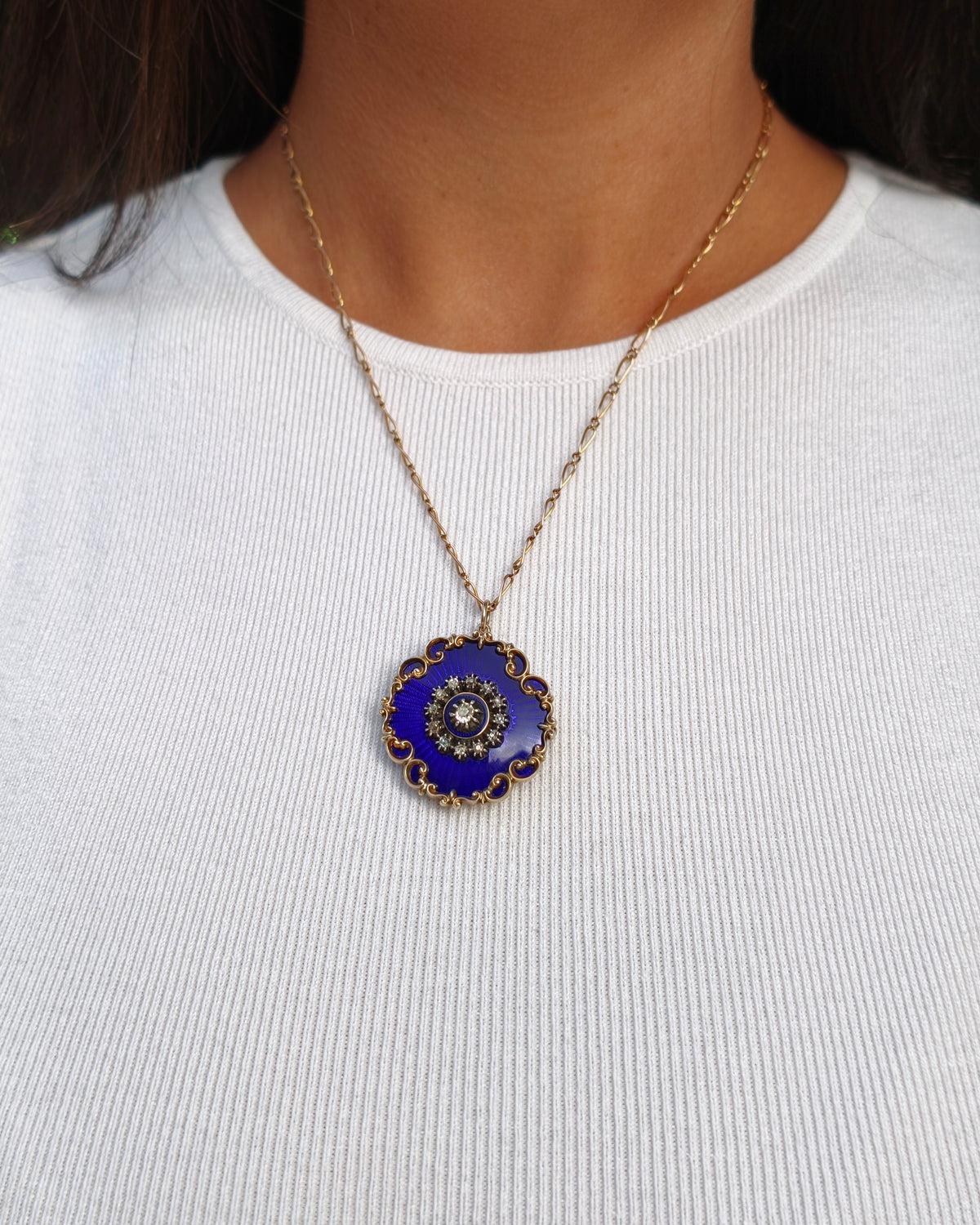 Blue Guilloché Enamel & Old Cut Diamond 15K Yellow Gold Brooch/Pendant, c.1880s