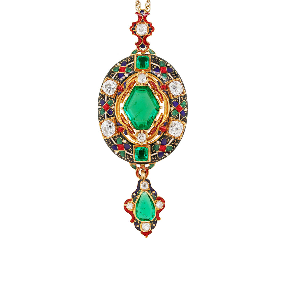 Victorian Holbeinesque Emerald and Diamond 18K Gold Pendant