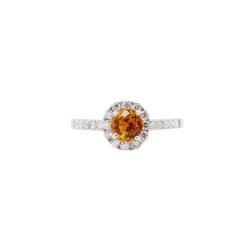 1.17ct Orange Sapphire and Diamond Halo 18K White Gold Cluster Engagement Ring