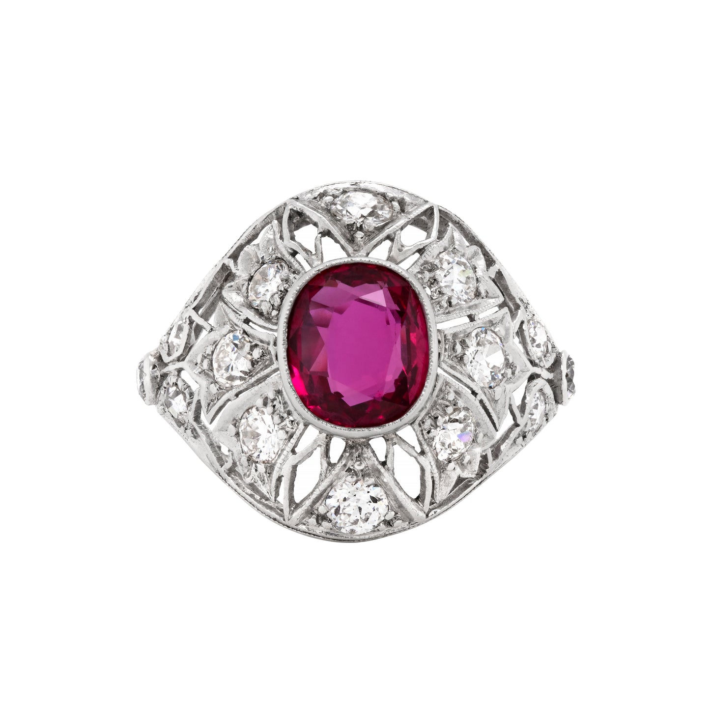 Antique Ruby and Diamond Platinum Dome Cluster Cocktail Ring, Circa 1920s