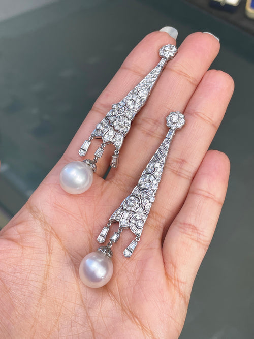 18ct White Gold, Diamond and Pearl Drop Earrings