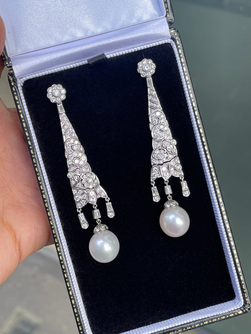 18ct White Gold, Diamond and Pearl Drop Earrings