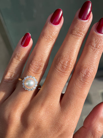 Pearl and Diamond 18 Carat Yellow Gold Cluster Flower Engagement Ring