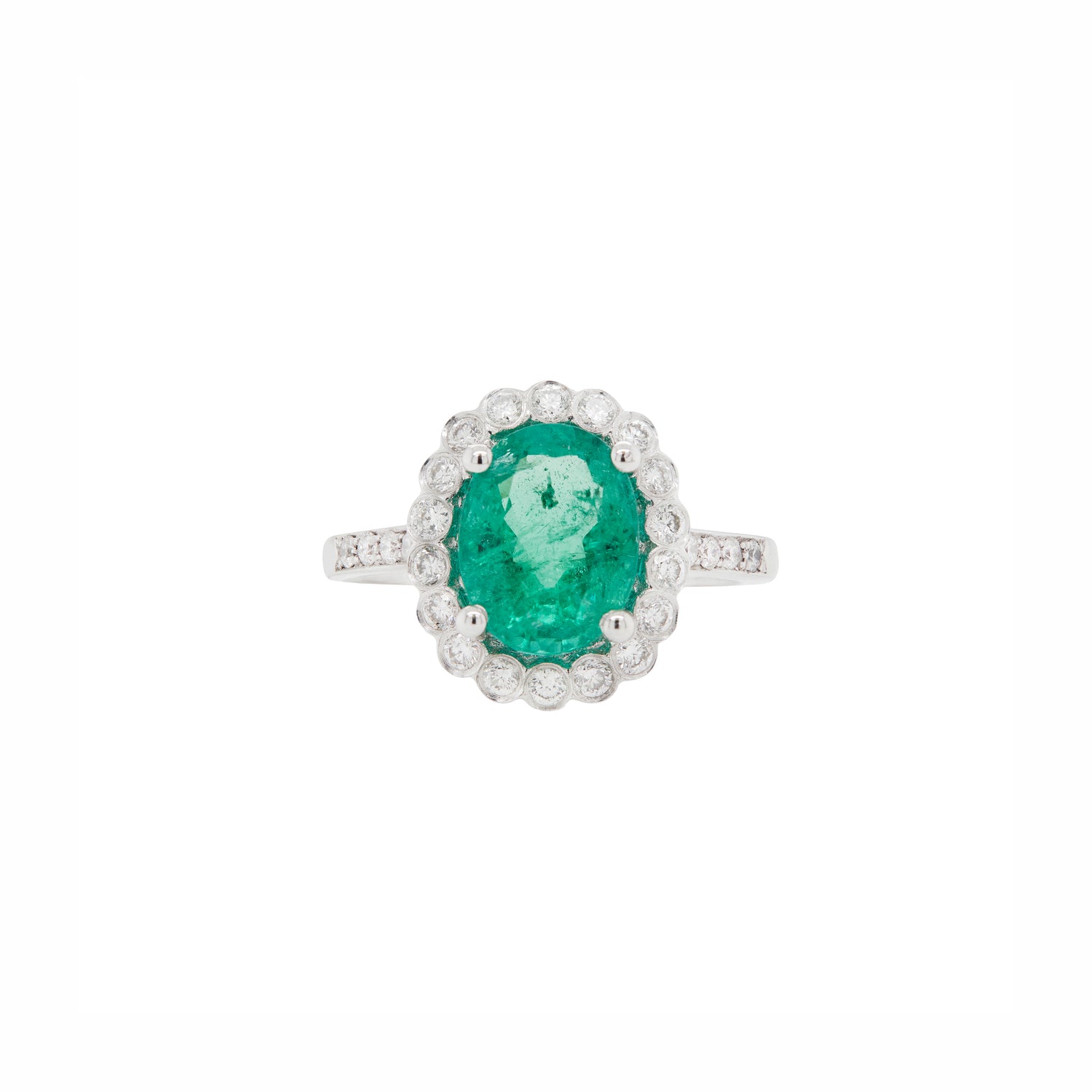 2.39ct Oval Emerald and Diamond Halo 18 Carat White Gold Cluster Engagement Ring