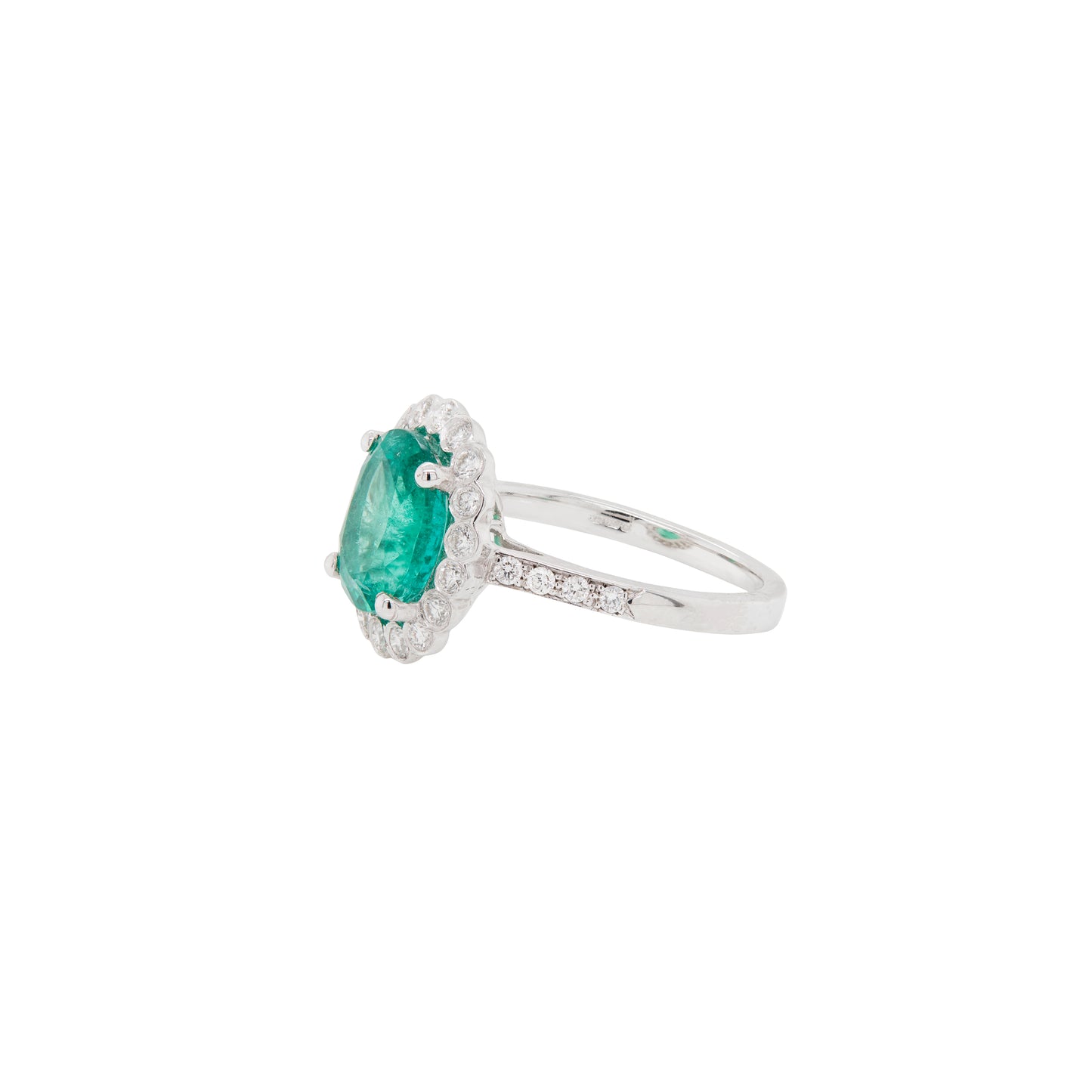 2.39ct Oval Emerald and Diamond Halo 18 Carat White Gold Cluster Engagement Ring