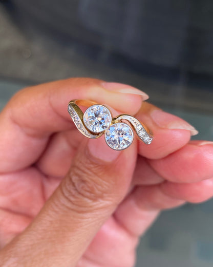 Old Cut Diamond Toi et Moi Crossover Engagement Ring in 18K Gold and Platinum