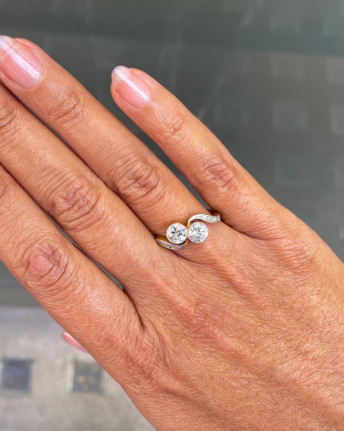 Old Cut Diamond Toi et Moi Crossover Engagement Ring in 18K Gold and Platinum