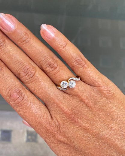 Old Cut Diamond Toi et Moi Crossover Engagement Ring in 18K Gold and Platinum