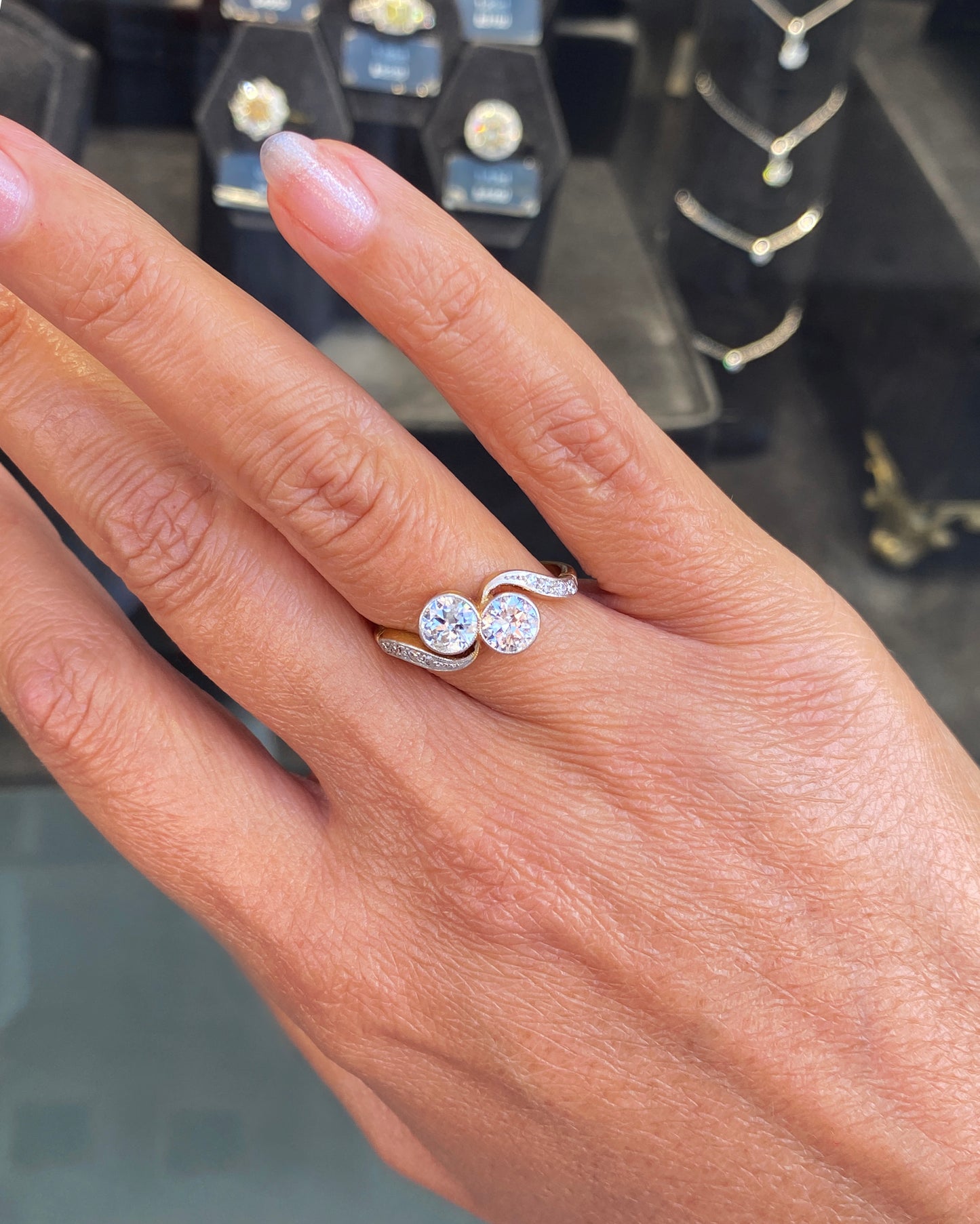 Old Cut Diamond Toi et Moi Crossover Engagement Ring in 18K Gold and Platinum
