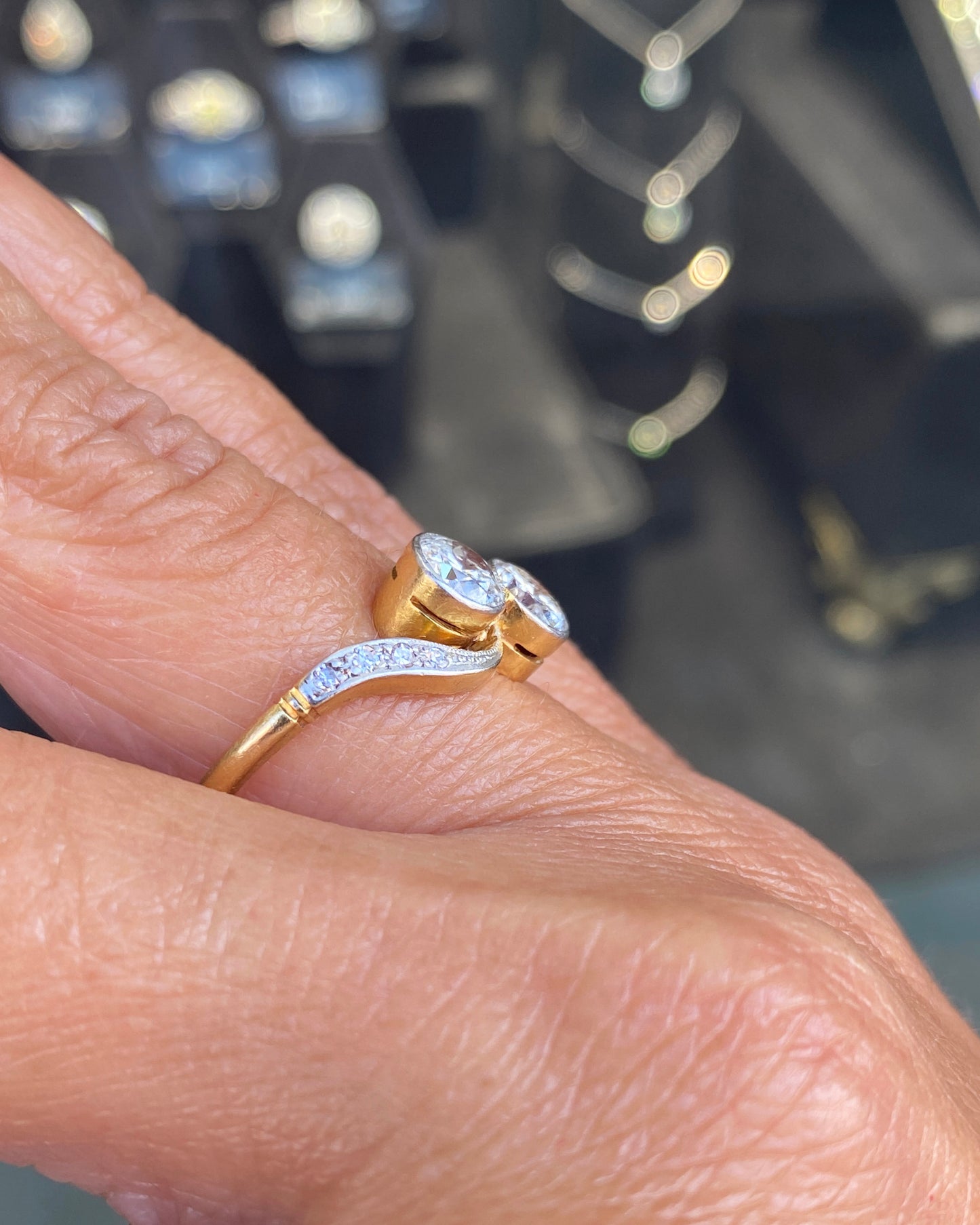 Old Cut Diamond Toi et Moi Crossover Engagement Ring in 18K Gold and Platinum