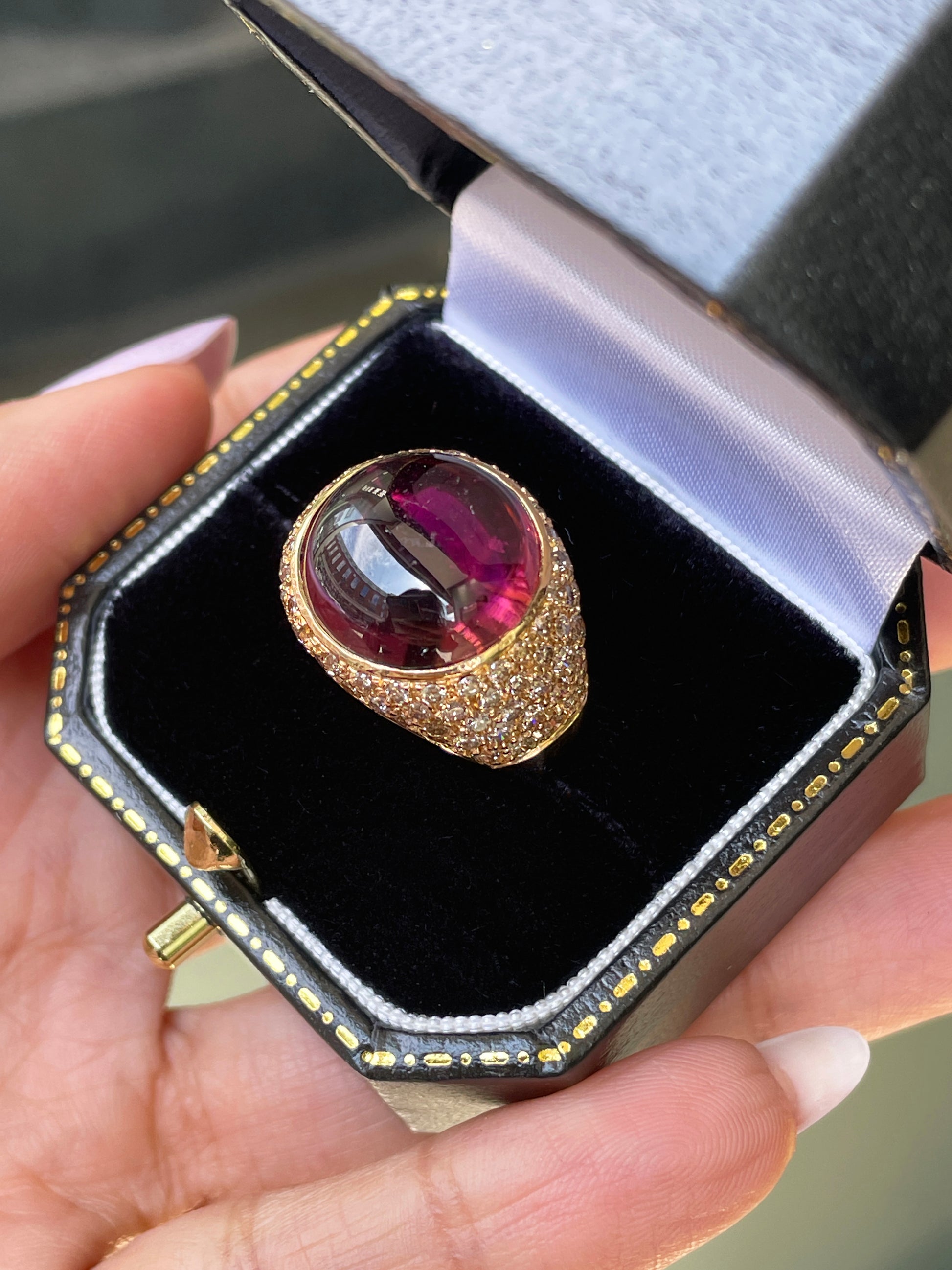 Cabochon Tourmaline and Diamond 18 Carat Yellow Gold Bombé Cluster Cocktail Ring in box
