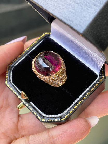 Cabochon Tourmaline and Diamond 18 Carat Yellow Gold Bombé Cluster Cocktail Ring in box
