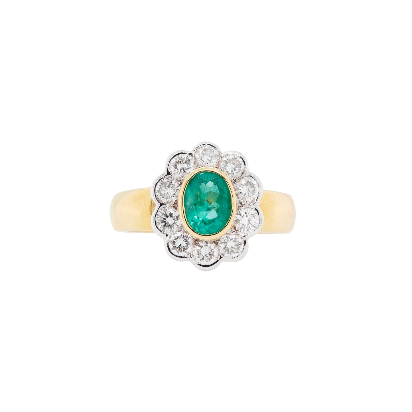 0.84ct Oval Emerald and Diamond Halo 18K Yellow and White Gold Cluster Ring