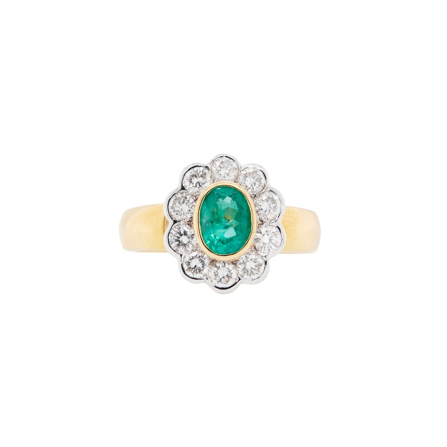 0.84ct Oval Emerald and Diamond Halo 18K Yellow and White Gold Cluster Ring