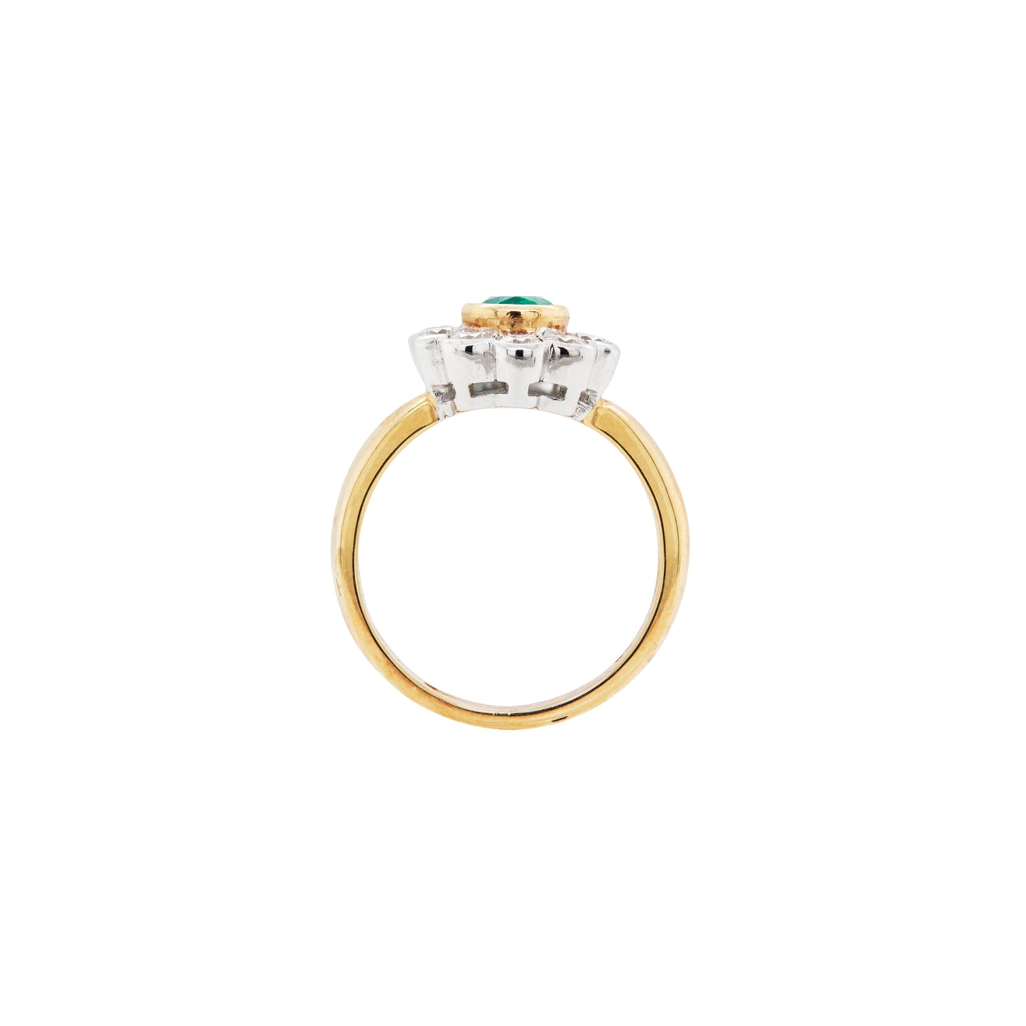 0.84ct Oval Emerald and Diamond Halo 18K Yellow and White Gold Cluster Ring