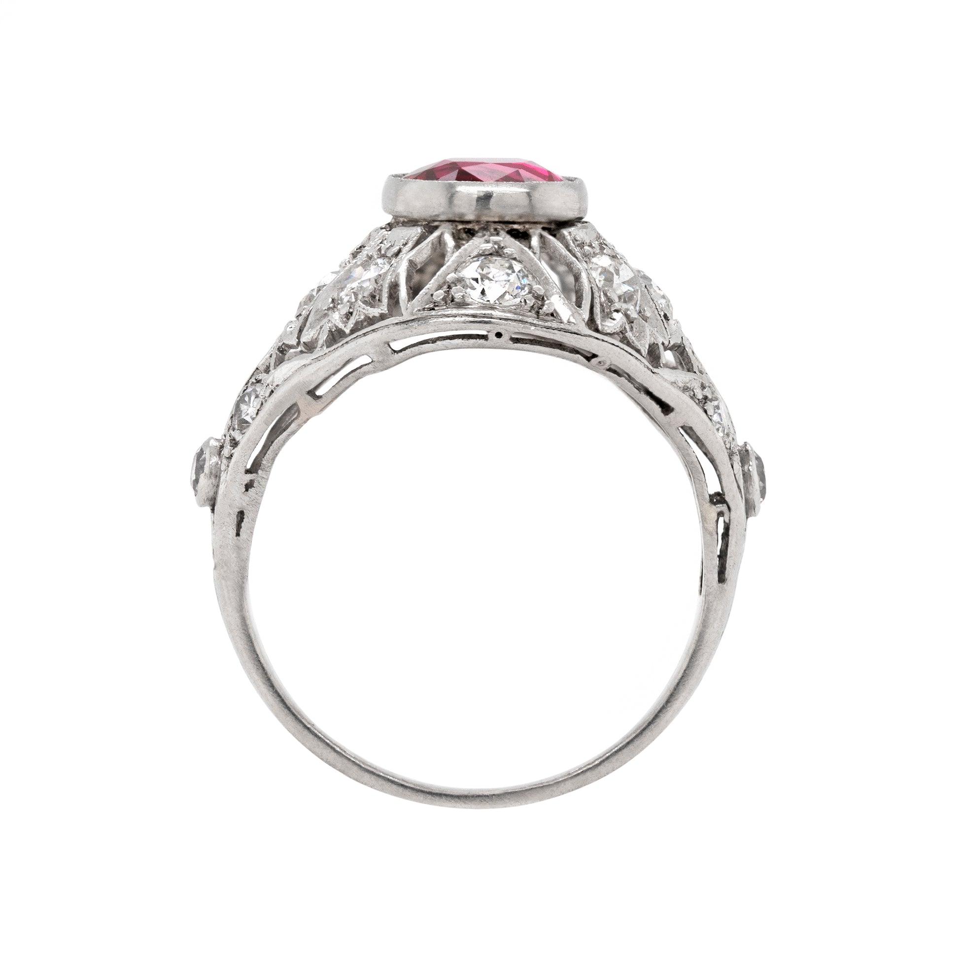 side view Antique Ruby and Diamond Platinum Dome Cluster Cocktail Ring, Circa 1920s