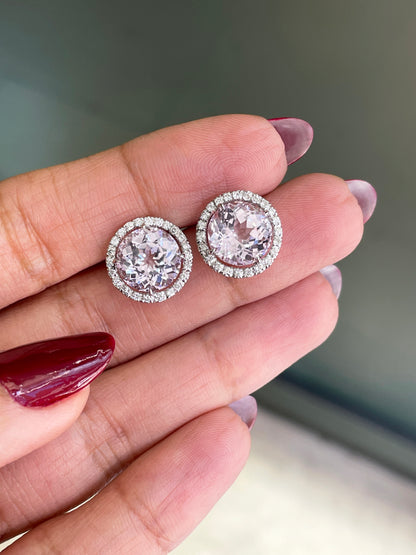 Kunzite and Diamond 18 Carat White Gold Halo Cluster Stud Earrings