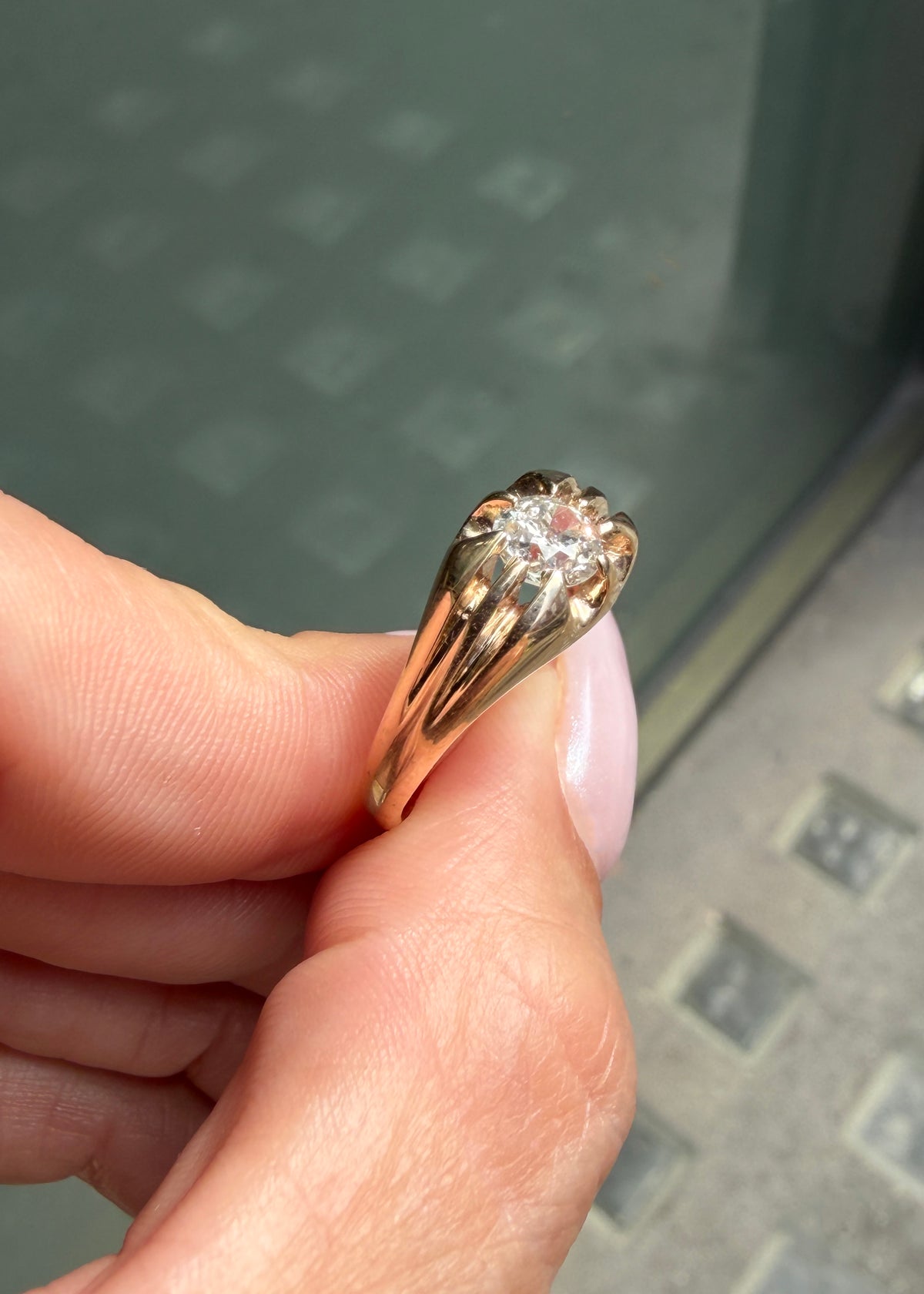 Vintage Old Mine Cut Diamond and 9 Carat Yellow Gold Gents Ring
