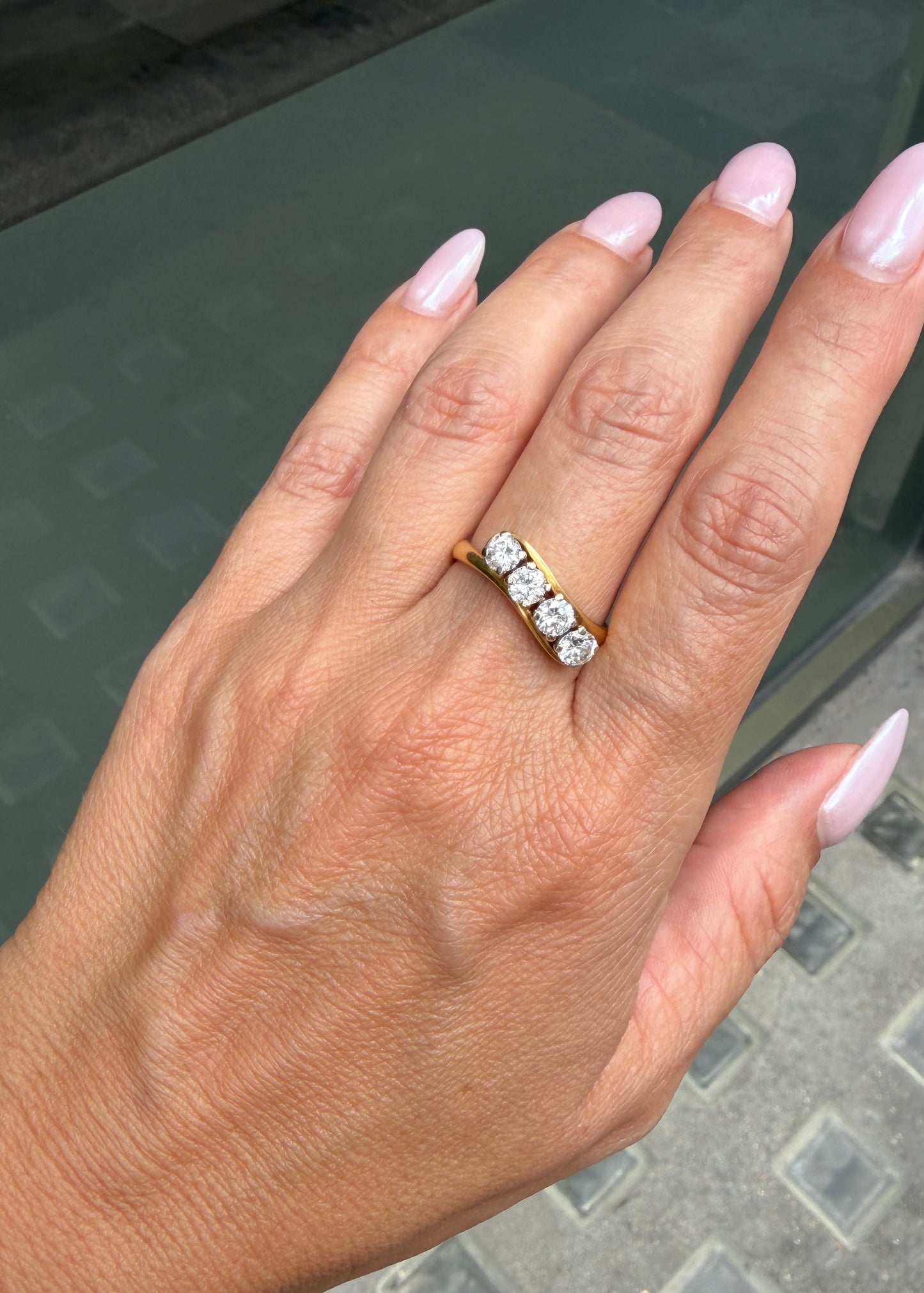 Vintage Diamond and 18 Carat Yellow Gold Four-Stone Crossover Dress Ring