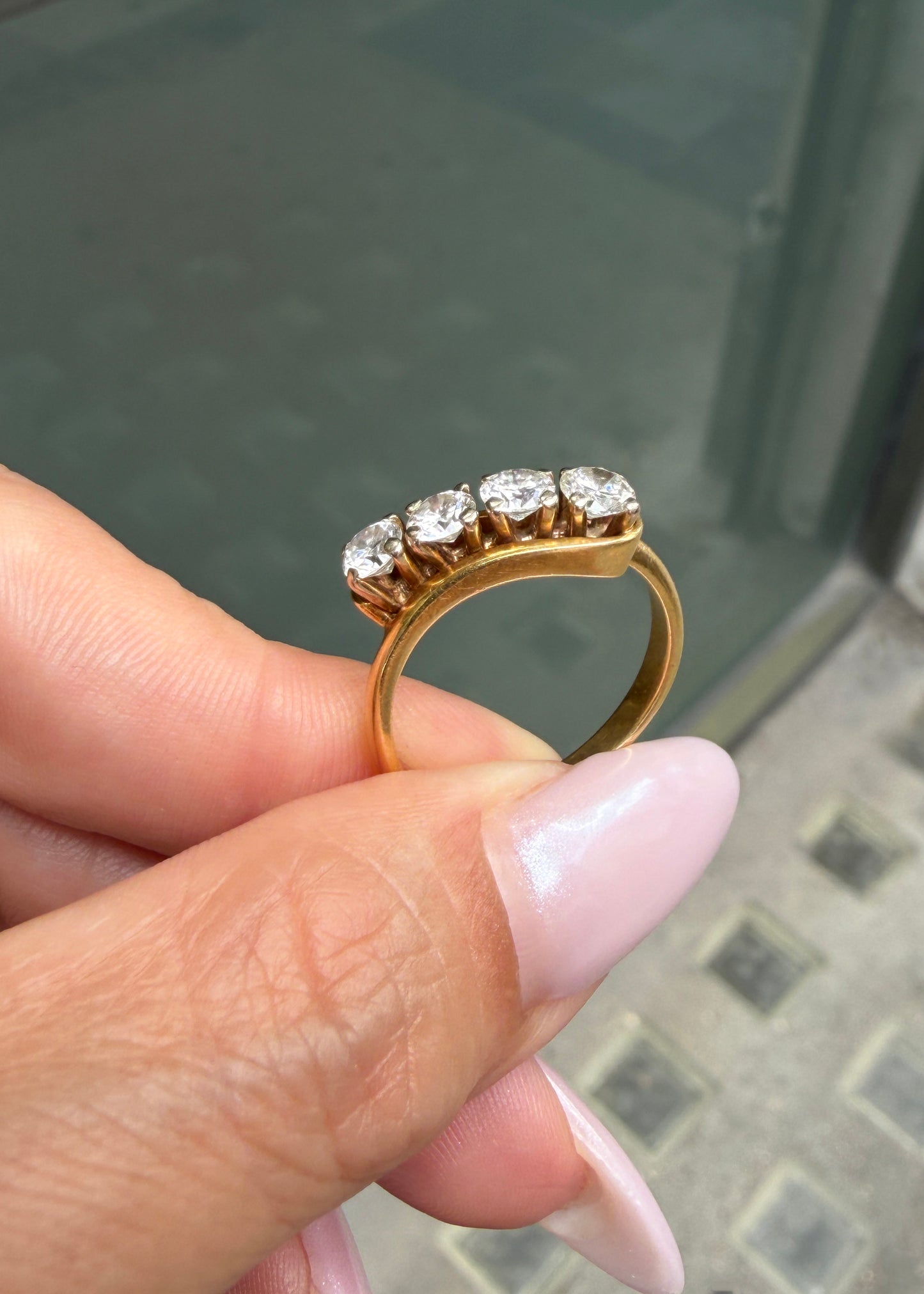 Vintage Diamond and 18 Carat Yellow Gold Four-Stone Crossover Dress Ring