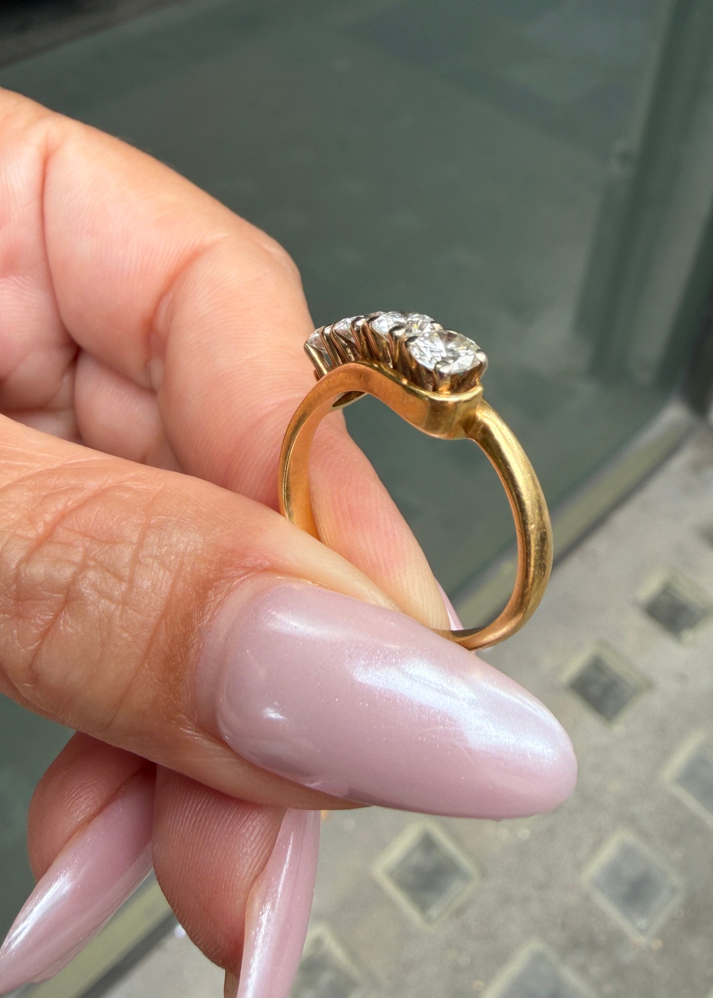 Vintage Diamond and 18 Carat Yellow Gold Four-Stone Crossover Dress Ring