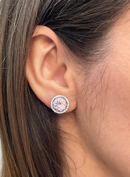 Kunzite and Diamond 18 Carat White Gold Halo Cluster Stud Earrings
