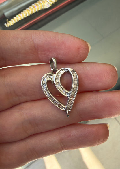 Tapered Baguette Cut Diamond 14 Carat White Gold Openwork Heart Pendant