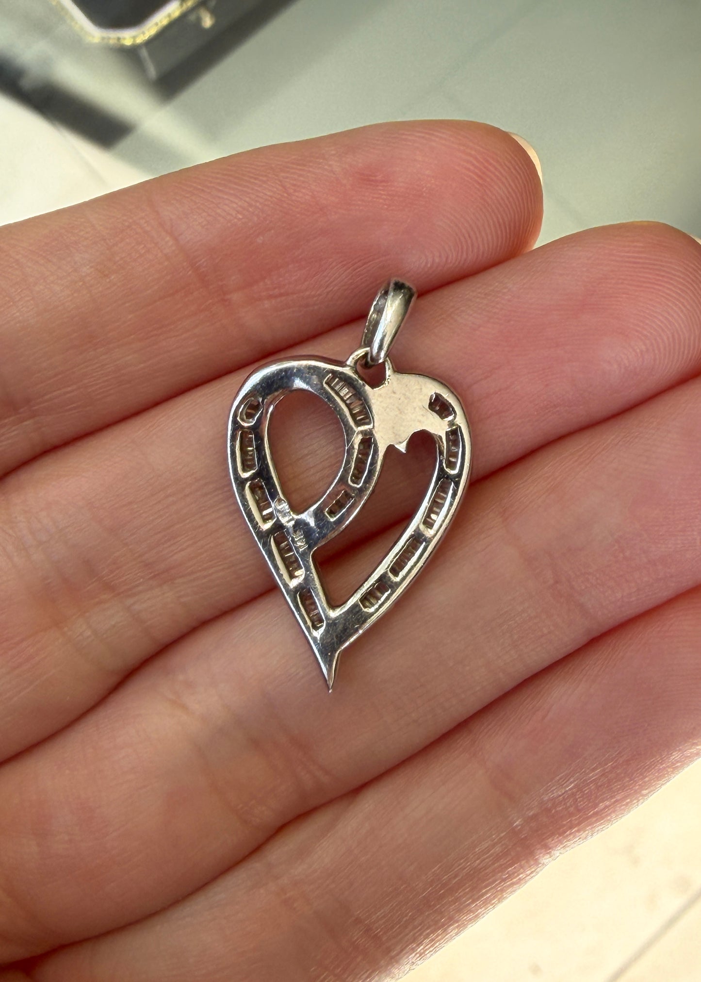 Tapered Baguette Cut Diamond 14 Carat White Gold Openwork Heart Pendant