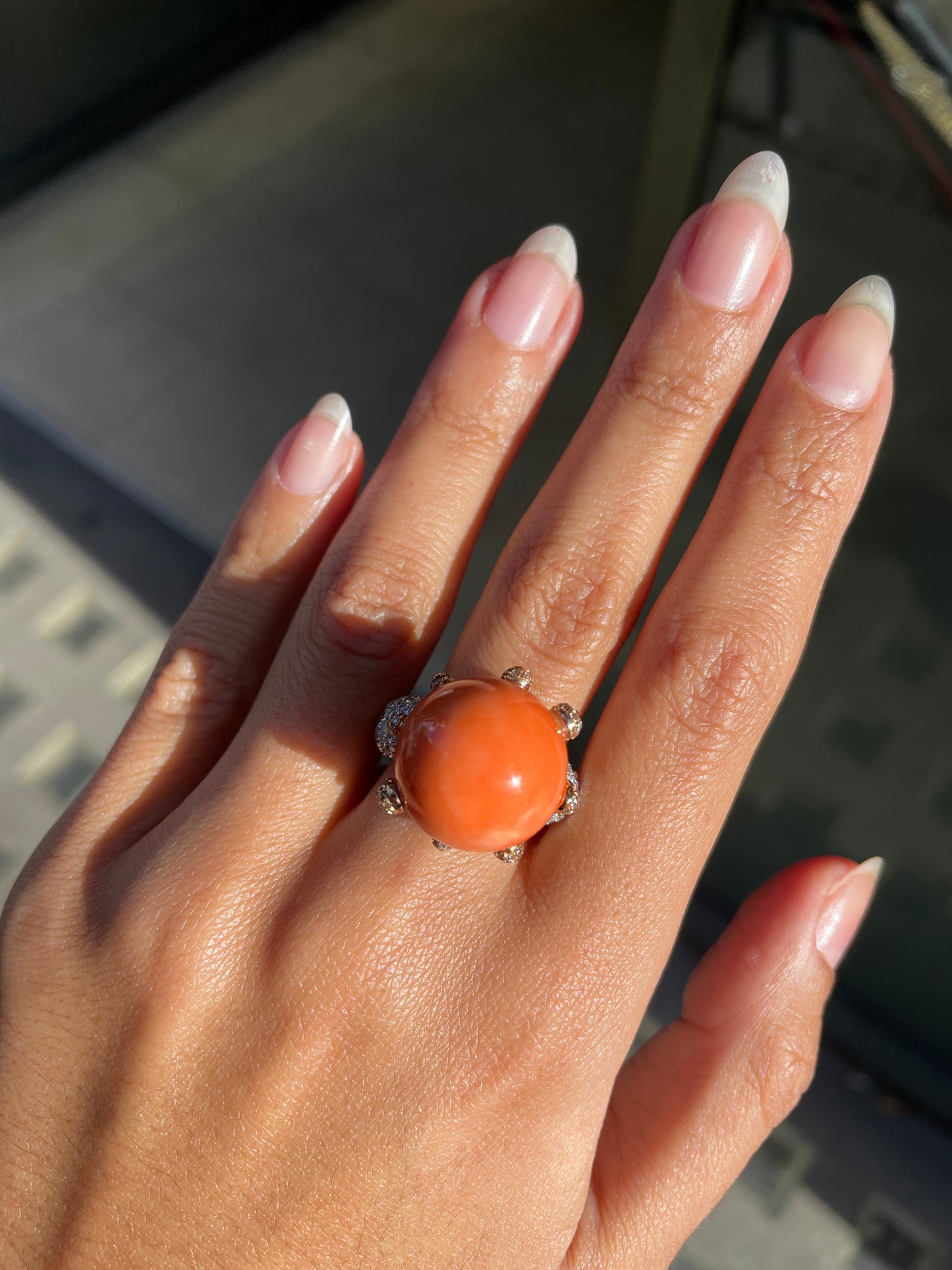 Large Coral and Diamond 18 Carat Rose and White Gold Cocktail Ring